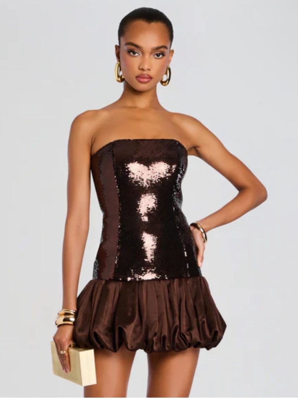 Retrofete ANIKA SEQUIN DRESS brown mini bubble hem cocktail Sz S